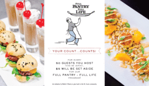 A promotional image for a fundraising initiative. It features sliders and a dessert on one side, and a dish with oranges and greens on the other. The central text promotes "Full Pantry Full Life" and mentions a donation of $5 per 50 guests hosted.