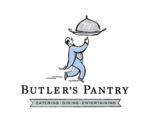 Illustrated logo of a butler in a blue suit, holding a silver cloche with a "P" on it. Below, the text reads "Butler’s Pantry" with a banner underneath saying "Catering · Dining · Entertaining.