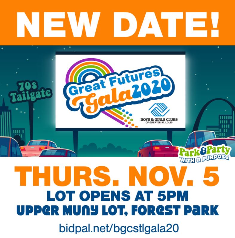 Illustrated announcement for the "Great Futures Gala 2020" featuring 70s tailgate theme elements. New date is Thursday, November 5. Event begins at 5 PM in the Upper Muny Lot, Forest Park. More details at bidpal.net/bgchstlgala20.