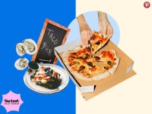 A split image with blue on the left and cream on the right. Left: three oysters, a chalkboard labeled "Taco Bar," and a plate with pancakes topped with syrup. Right: a hand taking a slice from a pizza in a box. .