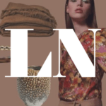 Woman in floral blouse with accessories and "LN" text overlay on a brown background.