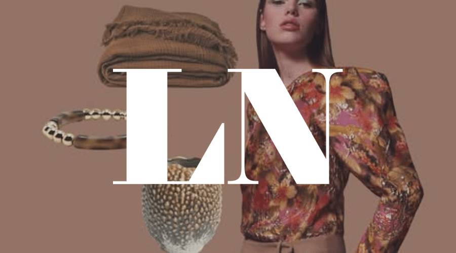 Woman in floral blouse with accessories and "LN" text overlay on a brown background.