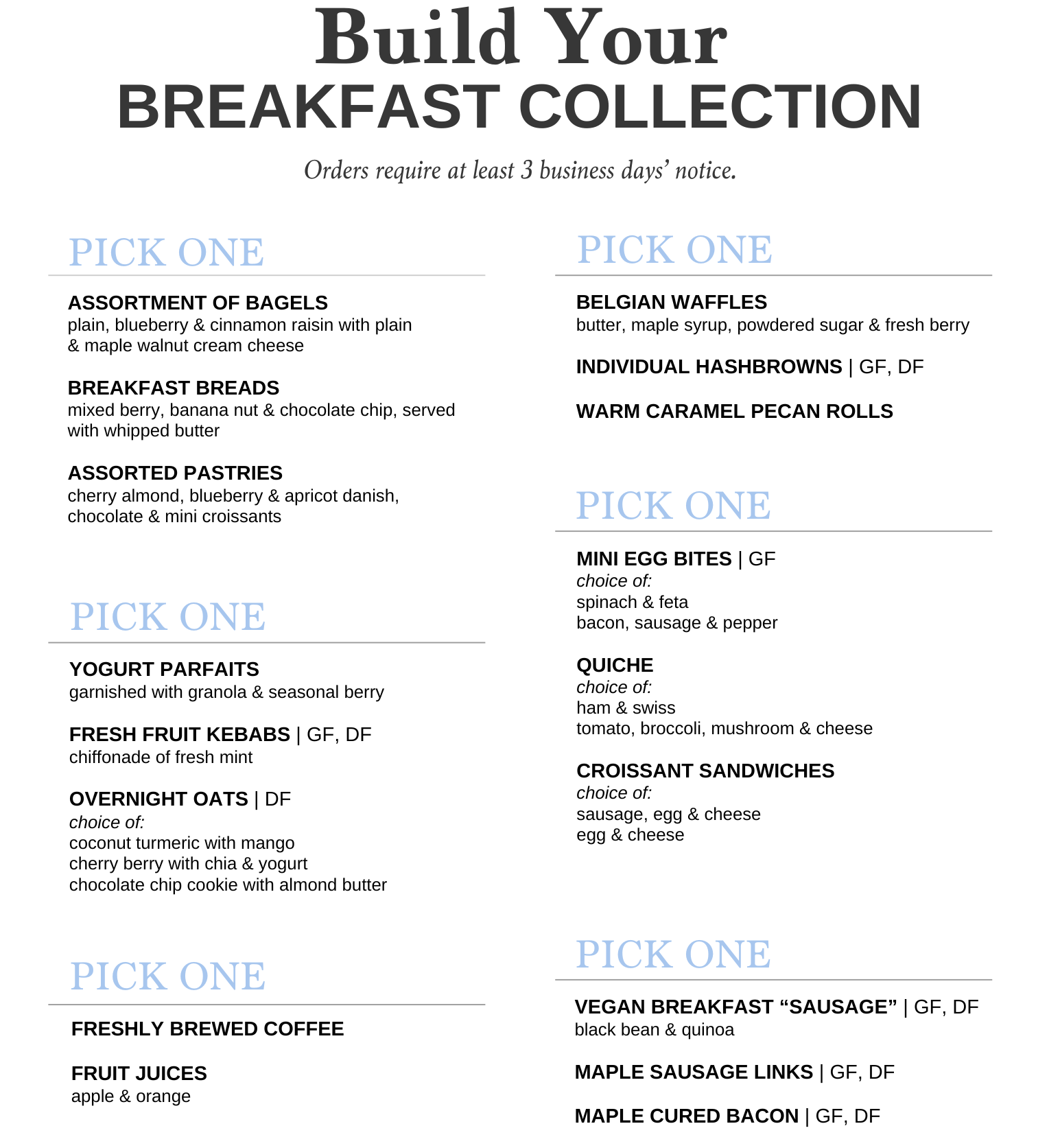 Menu with breakfast options, including bagels, yoghurt parfaits, waffles, egg dishes, coffee, and juices.