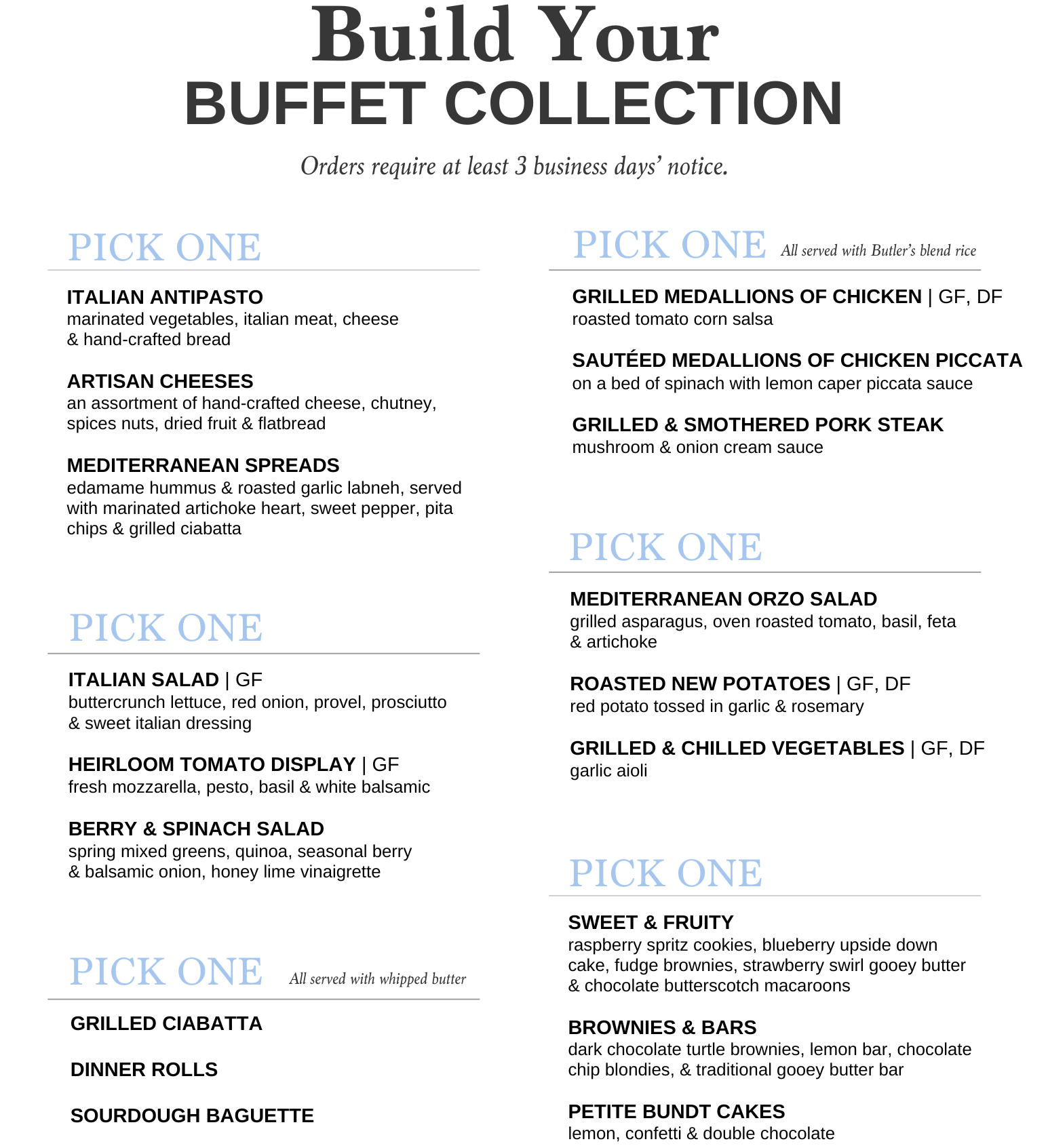 Buffet menu offering Italian and Mediterranean dishes, including salads, pasta, meats, and desserts.