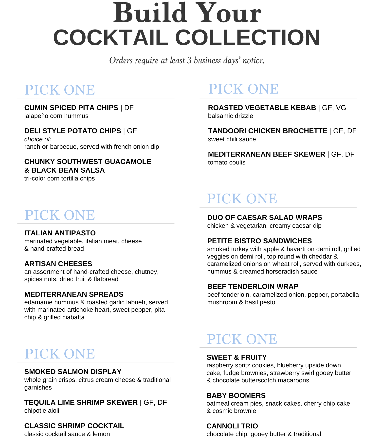 Menu titled "Build Your Cocktail Collection" with various appetizer options and categories.