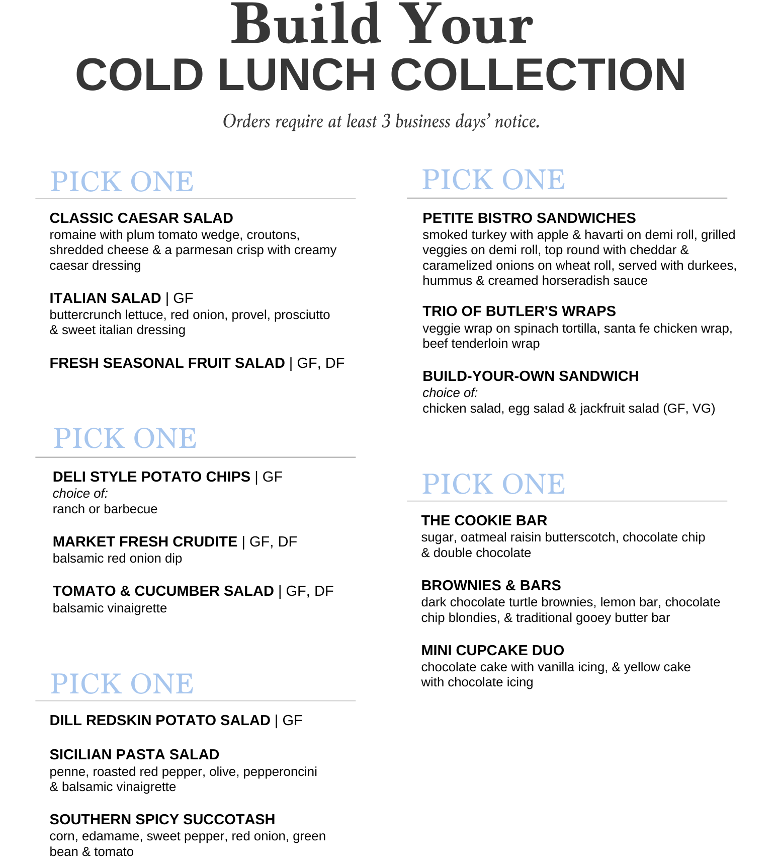 Menu with various cold lunch options, including salads, sandwiches, and sides, to be ordered with 3 days’ notice.