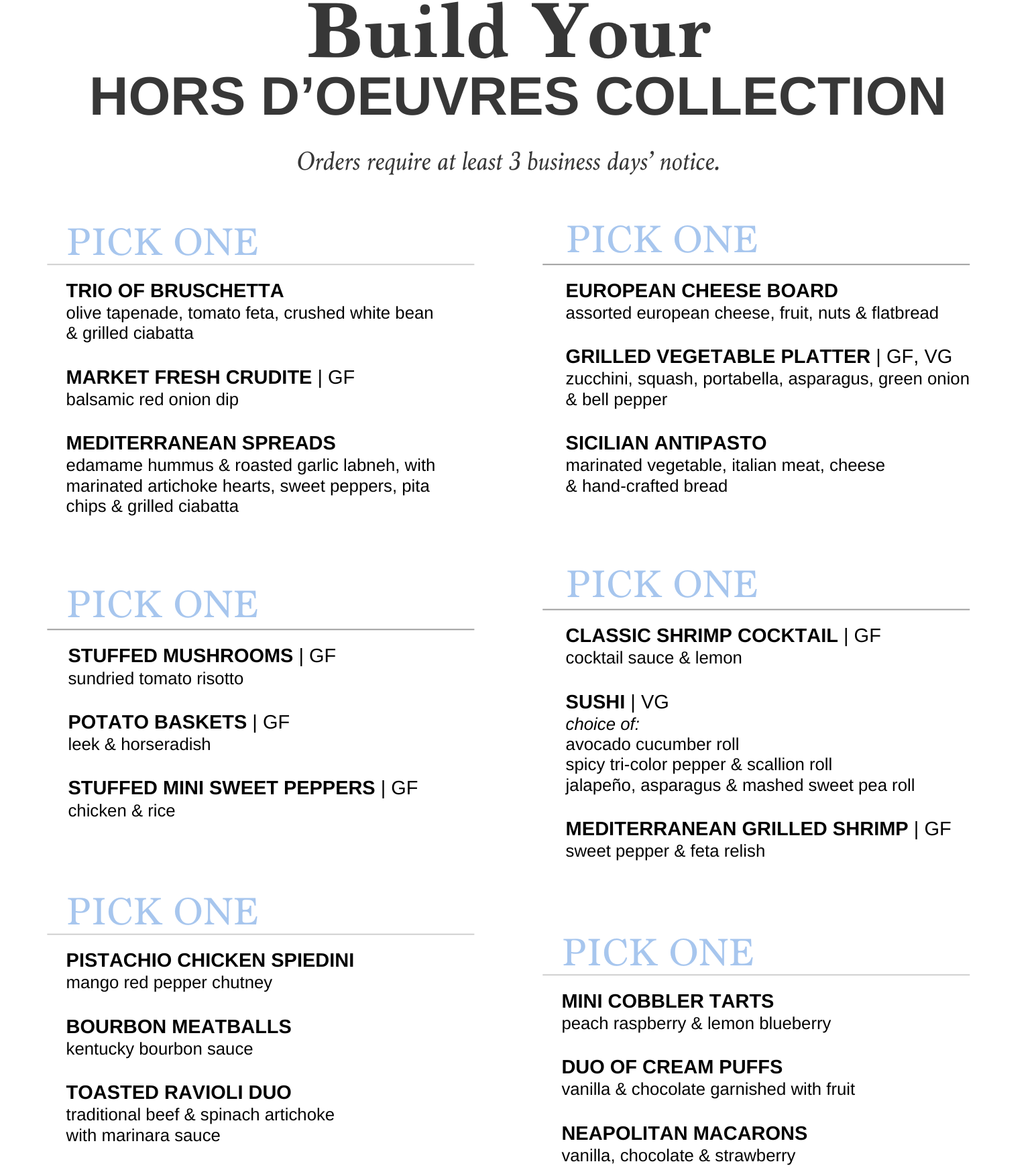 Menu for a hors d'oeuvres collection with various pick-one options, including cheese, seafood, and pastries.