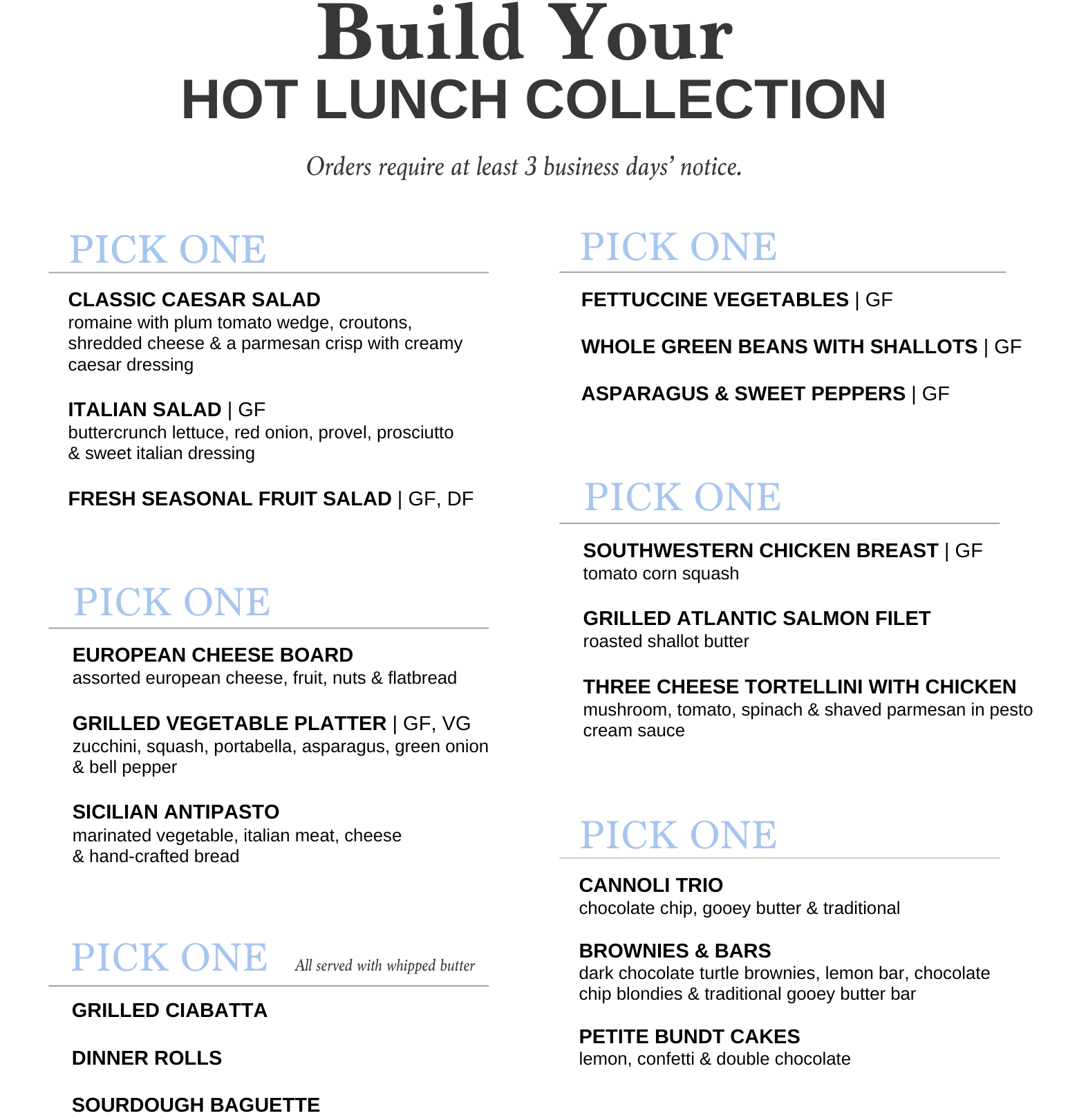 Menu titled "HOT LUNCH COLLECTION" with various main and side dish options and ordering instructions.