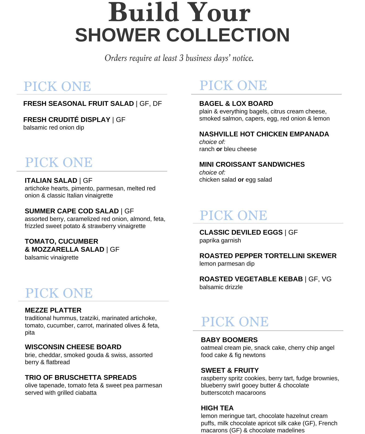 Menu with title "Build Your Shower Collection" showing various food options, each under "Pick One".